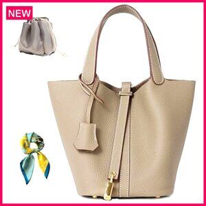 Genuine Leather Bucket Bag with Lock Design, Versatile Shoulder Tote